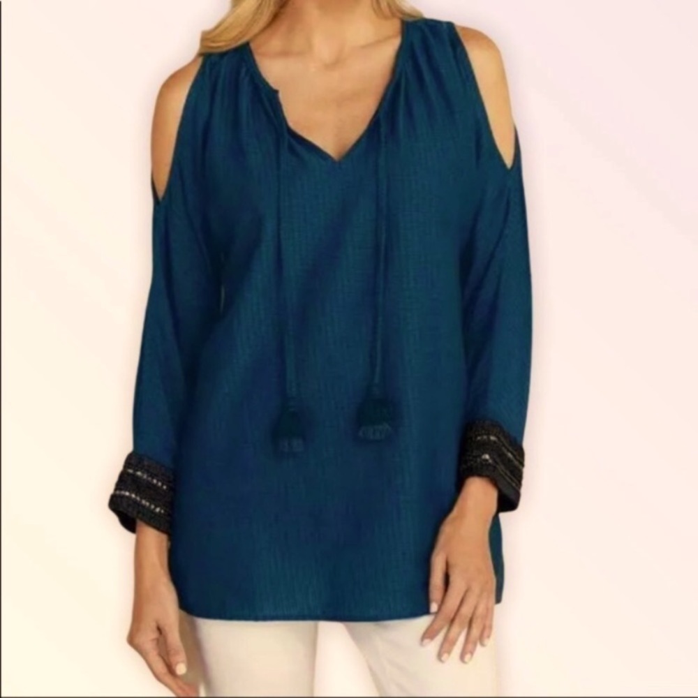 Soft Surroundings NavyBlue Chandra Cold Shoulder Beaded Cuff Lightweight Blouse